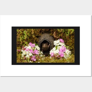 George the mouse in a log pile House spring flowers Posters and Art